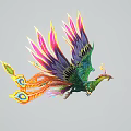 Vibrant Mythical Flying Bird with Colorful Feathers Green Body and Eye Shaped Tail Patterns Soaring