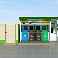 Public Waste Sorting Station With Green Beige Structure And Colorful Recycling Bins