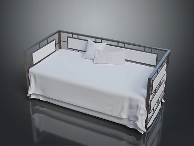 Modern Bed With White Sheet Pillows And Geometric Railing Frame Design 3d model