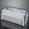 Modern Bed With White Sheet Pillows And Geometric Railing Frame Design