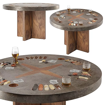 Round Table With Concrete Top And Wooden Cross Legs Displaying Drinking Glasses Coins Cards 3d model
