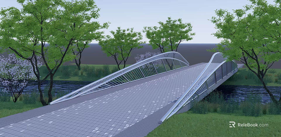 Modern Curved Landscape Bridge With Metal Structure Paved Surface And Green Trees 3d model