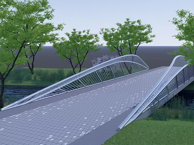 Modern Curved Landscape Bridge With Metal Structure Paved Surface And Green Trees 3d model