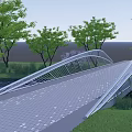 Modern Curved Landscape Bridge With Metal Structure Paved Surface And Green Trees 3d model