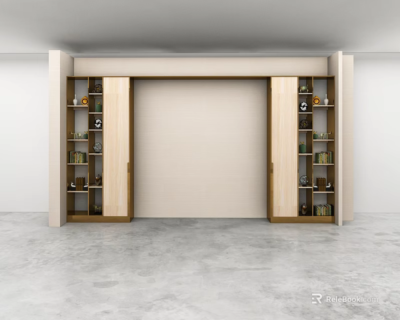 Elegant Wall Cabinets Design In Modern Interior With Wooden Frames And Decor Items 3d model 