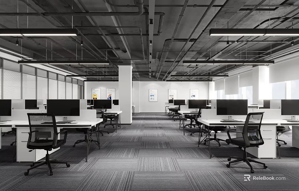 Modern Public Office Area Featuring Open Layout Multiple Workstations Desks Office Chairs And Bright Lighting 3d model 