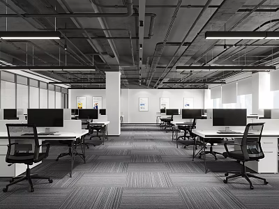 Modern Public Office Area Featuring Open Layout Multiple Workstations Desks Office Chairs And Bright Lighting 3d model