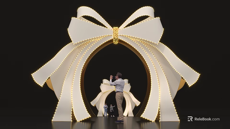 Giant White Bow Art Installation With Light Decorations And Arch Structure For People Taking 3d model 