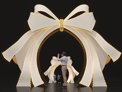 Giant White Bow Art Installation With Light Decorations And Arch Structure For People Taking 3d model