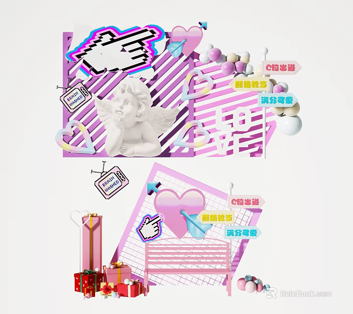 Activity Event Doorway With Pink Stripes Cherub Statue Heart Decorations Gift Boxes And Direction Signs 3d model 