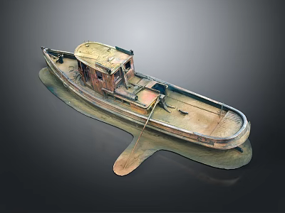 Vintage Old Wooden Boat Featuring Small Cabin Brown Yellow Hull And Water Reflection 3d model