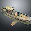 Vintage Old Wooden Boat Featuring Small Cabin Brown Yellow Hull And Water Reflection