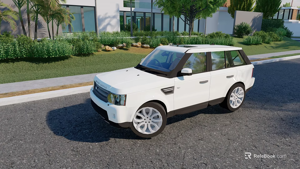 White Modern SUV Parked On Roadside With Greenery And Modern Building Background 3d model 