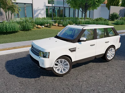 White Modern SUV Parked On Roadside With Greenery And Modern Building Background 3d model