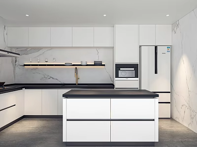 Modern Kitchen Interior With White Cabinets Black Countertop Island Marble Walls And Appliances 3d model