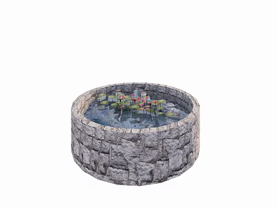 Circular Stone Wall Water Fountain With Lily Pads Lotus Flowers And Aquatic Plants 3d model