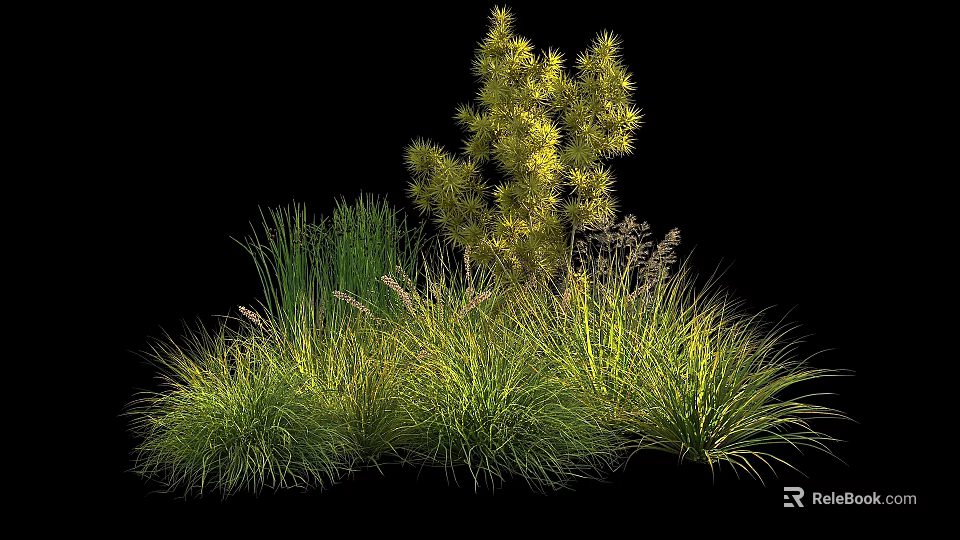 Lush Green Shrub with Clustered Grasses and Varied Plant Foliage in Natural Landscape 3d model 