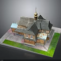 Traditional Wooden Building With Golden Dome Multiple Sloped Roofs Green Lawn And Paved Ground