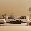 Modern Beige Sofa And Coffee Table Set With Ottoman Throw Pillows Plants And Rug