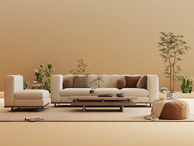 Modern Beige Sofa And Coffee Table Set With Ottoman Throw Pillows Plants And Rug 3d model