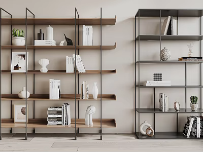 Modern Open Shelving Unit With Metal Frame Wooden Layers Books Decorative Items And Potted Plants 3d model