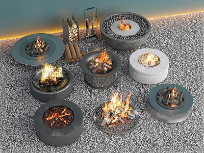 Patio Garden Various Round Fire Pits With Burning Flames On Gravel Surface And Wood Storage 3d model