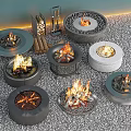 Patio Garden Various Round Fire Pits With Burning Flames On Gravel Surface And Wood Storage