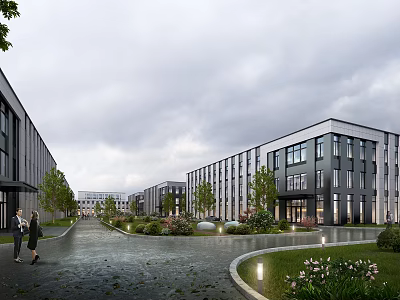 Modern Industrial Factory Building Exterior With Multiple Structures Landscaped Gardens Pathways And Pedestrians 3d model