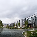 Modern Industrial Factory Building Exterior With Multiple Structures Landscaped Gardens Pathways And Pedestrians