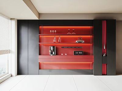 Modern Sideboard With Red LED Lighting Black Red Design Glass Doors Wine Glasses 3d model