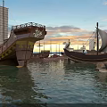 Traditional Wooden Boats With White Sails And Various Sizes Floating On Wavy Water
