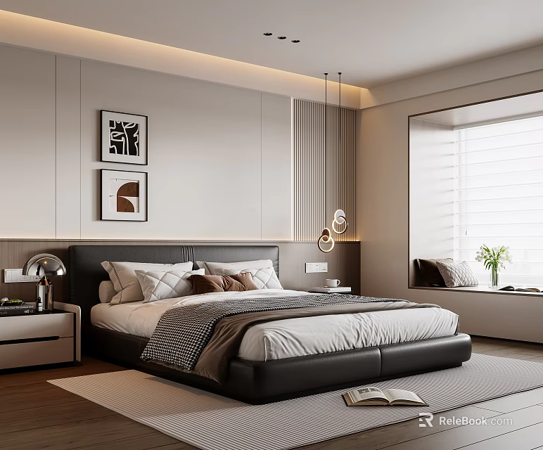Modern Bedroom Interior With Large Bed Leather Headboard Decorative Art Nightstands Window Blinds And Pendant Lights 3d model 