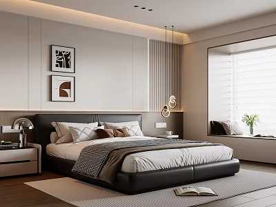 Modern Bedroom Interior With Large Bed Leather Headboard Decorative Art Nightstands Window Blinds And Pendant Lights 3d model