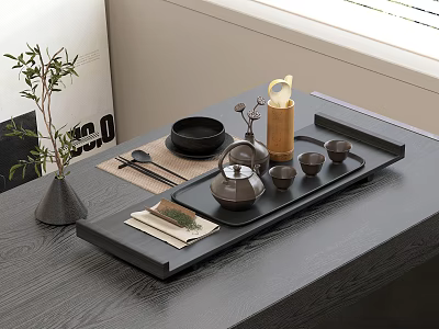 Modern Minimalist Tea Set on Black Tray with Teapot Tea Cups and Small Plant 3d model