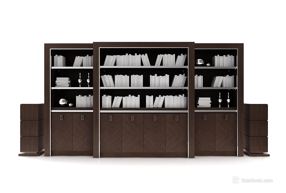 Large Dark Brown Wooden Bookcase With Multiple Shelves Books And Decorative Items 3d model 