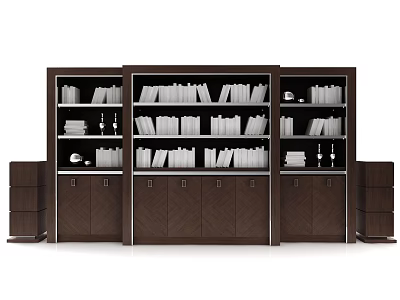 Large Dark Brown Wooden Bookcase With Multiple Shelves Books And Decorative Items 3d model