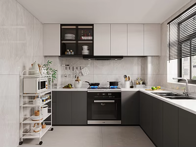 Modern Kitchen Interior With White Dark Gray Cabinets Appliances And Window Blinds 3d model