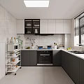 Modern Kitchen Interior With White Dark Gray Cabinets Appliances And Window Blinds