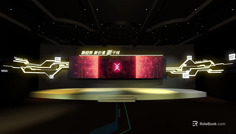 Hardcore Technology New Experience New Beginning on Golden Stage with Red Screen and Circuit Patterns 3d model 