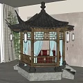 Traditional Chinese Wooden Garden Pavilion With Black Roof Blue Curtains And Stone Base