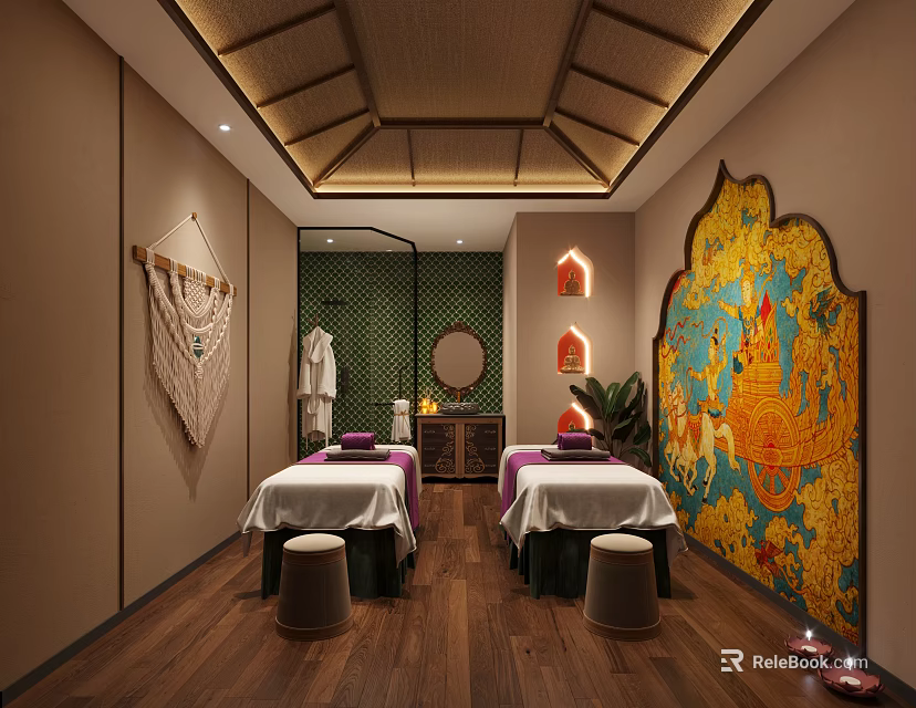 Traditional SPA Room Interior With Massage Beds Hanging Towels Wooden Ceiling And Wall Art 3d model 