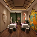 Traditional SPA Room Interior With Massage Beds Hanging Towels Wooden Ceiling And Wall Art