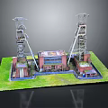 Cartoon Style Industrial Scene Model With Two Tall Towers And Green Grass