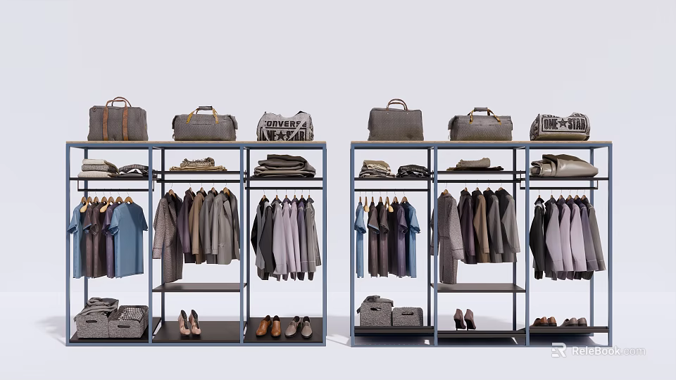 Clothes Rack Featuring Hanging Apparel Bags Folded Clothes and Shoes in Retail Store 3d model 