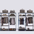Clothes Rack Featuring Hanging Apparel Bags Folded Clothes and Shoes in Retail Store