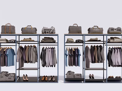 Clothes Rack Featuring Hanging Apparel Bags Folded Clothes and Shoes in Retail Store 3d model