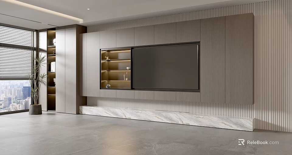 Modern TV Wall Design with Wooden Panels Marble Base and Built-in TV Storage Cabinets 3d model 