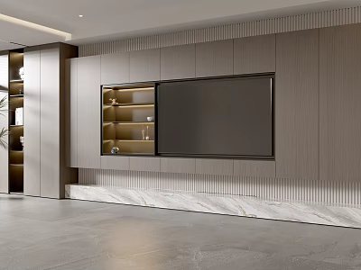 Modern TV Wall Design with Wooden Panels Marble Base and Built-in TV Storage Cabinets 3d model