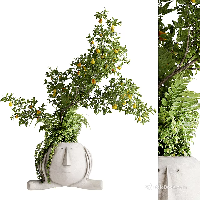 Decorative Bonsai Plant With Lemon Fruits In Face Shaped Pot And Green Foliage 3d model 