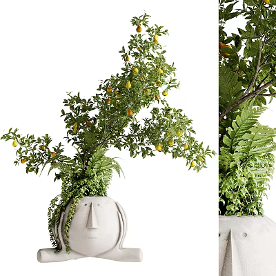Decorative Bonsai Plant With Lemon Fruits In Face Shaped Pot And Green Foliage 3d model